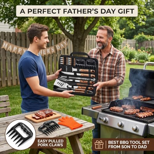 ROMANTICIST 23pcs Heavy Duty Grilling Gifts for Men Dad Fathers Day, Extra Thick BBQ Accessories Tools Set, Stainless Steel Grill Utensils Kit with Meat Claws,Canvas Bag for Outdoor Camping Brown