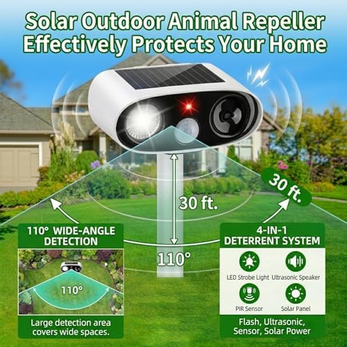 4Pack Solar Animal Repellent Outdoor,Ultrasonic Animal Deterrent with Flash Light,Waterproof Ultrasonic Deer Repeller&Cat Repellent Devices for Garden Yard,Control Rabbit Raccoon Dog Squirrel