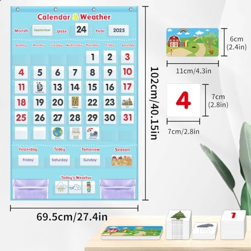 Morning Board Calendar for Toddlers - Preschool Learning Wall Chart for Classroom & Homeschool Interactive Educational Calendar with Pockets for Weather, Days of The Week, Seasons (Light Blue)