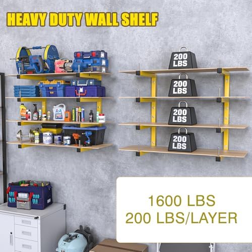 4-Pack Lumber Storage Rack, Wood Storage Racks Wall Mount, Heavy Duty Garage Wood Organizer with 8-Level System, Yellow Utility Rack Organization Up 1600 Lbs, Metal Lumber Shelf for Indoor & Outdoor