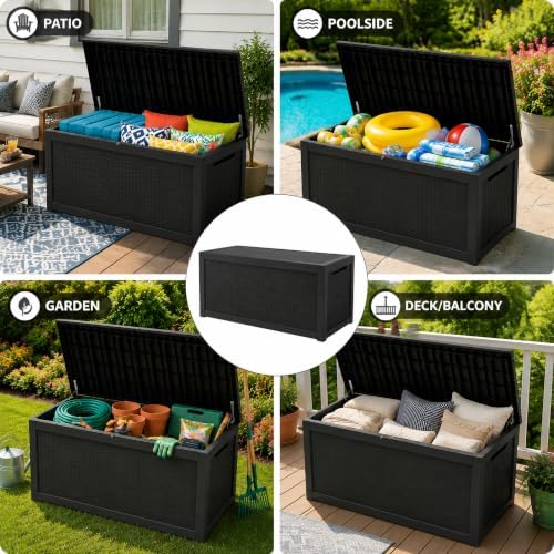 320 Gallon Outdoor Storage Box Resin Deck Box All Weather Waterproof Large Lockable Storage Container Deck Box for Patio Cushions, Garden Tools, Lockable, Black New