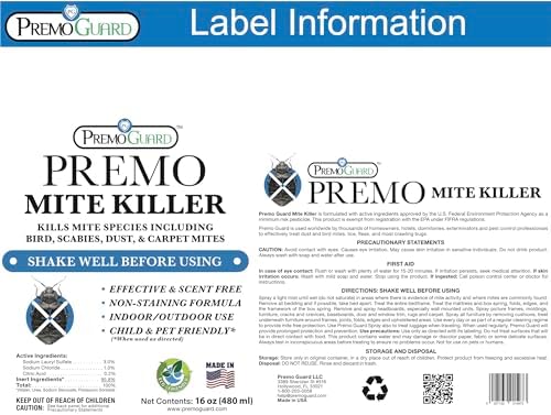Premo Guard Natural Mite Spray, Kills Dust, Bird, Carpet, and Other Mites
