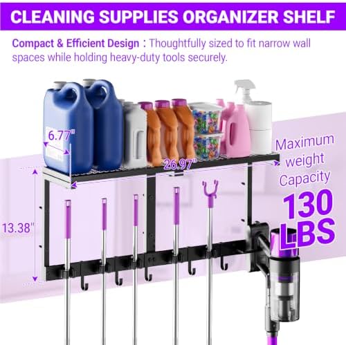 Heavy Duty Broom Holder Wall Mount, All-Metal Mop Rack with Storage Shelves