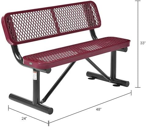 Global Industrial 48" L Outdoor Steel Bench with Backrest, Expanded Metal, Red