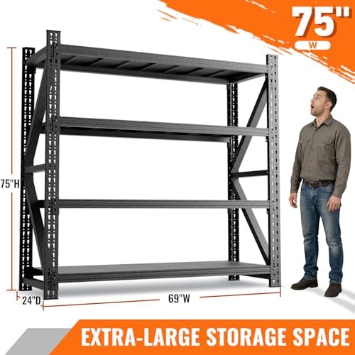 6000LBS 4 Tier Garage Storage Shelves, Heavy Duty Adjustable Storage Rack for Warehouse, Basement, Shop and Office, Commercial-Grade Steel Organizer, 75" W x 24" D x 69" H