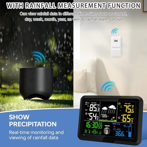 Digital Wireless Rain Gauge Outdoor, Home Weather Station Wireless Indoor Outdoor with Self-Emptying Rain Gauge, Thermometer, Barometer, Hygrometer, Atomic Clock, Weather Forecast and Alerts