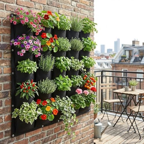 WFIST Vertical Hanging Planter Bag, Breathable Felt Wall Garden Planter with Metal Grommets, Indoor/Outdoor Space-Saving Herb & Flower Growing Pouch (25-Pocket)