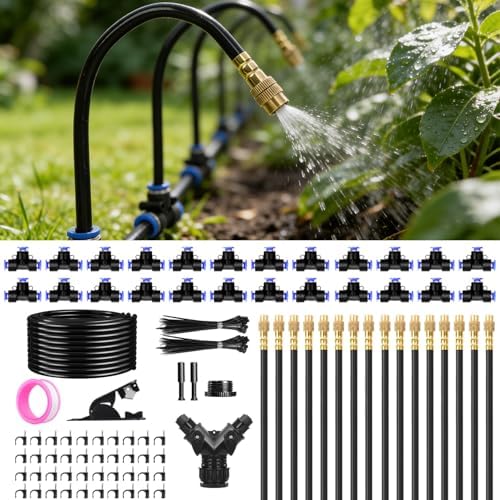 100FT 1/4" Drip Irrigation System, 2026 Upgrade Garden Irrigation Kit with 24pcs 360° Adjustable Copper Nozzles, DIY Watering System for Raised Beds, Yard, Lawn, Vegetable Gardens (100 ft)