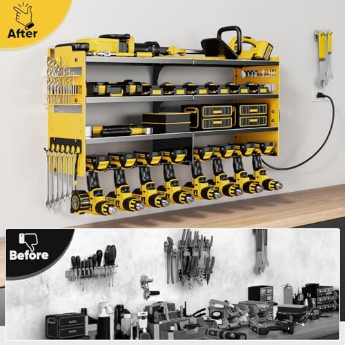 POKIPO Large Power Tool Organizer Wall Mount with Charging Station,4 Layer Heavy Duty Metal Storage Rack Loads 600lbs with 8 Cordless Drill Holder,Battery Utility Rack Gift for Garage workshops Room