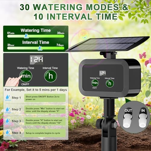 LCD Display Solar Drip Irrigation System Kit, 30 Working Modes & 10 Watering Interval Solar Powered Drip Irrigation Kit Supports 15 Potted Plants, 2200mAh Automatic Watering System for Garden