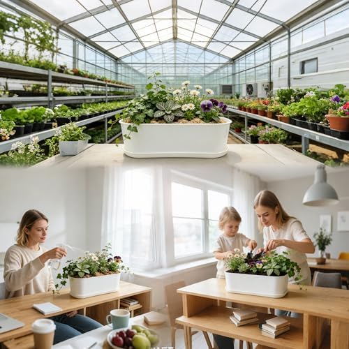 5-Pack White Herb Planter Box with Drip Trays, 8.5 Inch Small Oval Window Planters for Kitchen Sill, Indoor Outdoor, Perfect for Basil, Mint, Succulents, Flowers