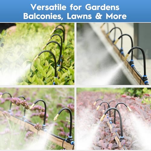 360° Automatic Drip Irrigation Kit - 5/16'' Tubing, Adjustable Universal Spray Nozzle, Copper Atomizing System for Garden/Lawn/Greenhouse - Multi-Directional Rotation, Quick Connectors, 82FT