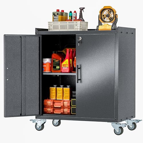 GAIOUS 35.6'' Tall Metal Garage Storage Cabinet with Wheels,Rolling File Cabinet with Lock and Adjustable Shelves,Outdoor Steel Tool Cabinet for Home,Office,Garage,Black