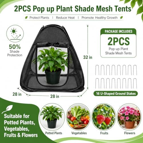 2PCS Pop up Plant Shade Tents（28 x 28 x 32 in-50% Shade Mesh Plant Cover with 16 U-Shaped Stakes for Outdoor Plants, Pop up Gardening Net Cover with Zipper Door, Guard Cover for Potted Plants
