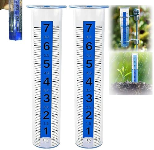 2 Pcs Rain Gauge Outdoor, Accurate Rain Measure Gauge with Luminous Blue Water for Night Reading, 7" Capacity Large Number Meter for Yard, Durable Plastic Water Collector for Garden, Farm