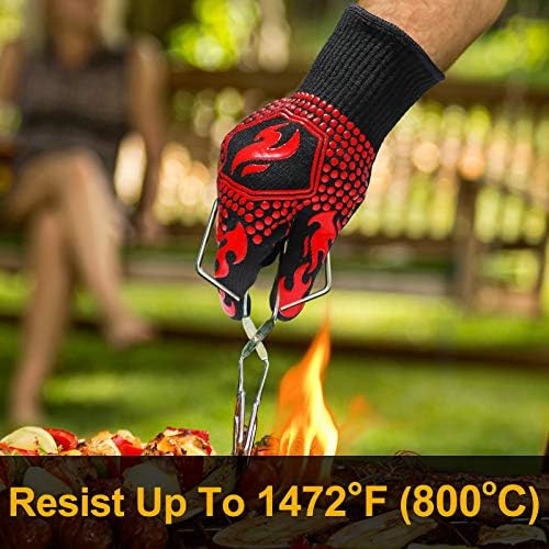 QUWIN BBQ Gloves, BBQ Accessories 1472℉ Extreme Heat Resistant, Grilling Gloves Silicone Non-Slip Oven Mitts, Kitchen Gloves for BBQ, Grilling, Cooking, Baking-1 Pair… (One Size Fits Most, Red)