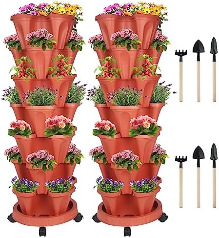 DUNCHATY Stackable Planters 7 Tier Vertical Garden Planting Tower Planters Strawberry, Herb, Flower, and Vegetable Planter Indoor Outdoor Gardening Pots with Removable Wheels and Tools, 2 Set