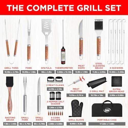 Kaluns 35PC BBQ Grill Tools Set – Heavy Duty Stainless Steel Grill Accessories Kit with Case, Meat Thermometer, Injector, Claws & Mats for Dad, Men