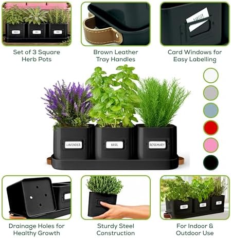 volila Herb Planter Indoor - Set of 3 Black Indoor Herb Garden Pots for Plants with Leather Handled Tray - Window Sill Plant Shelf - Herb Pots with Drainage Holes and Labels
