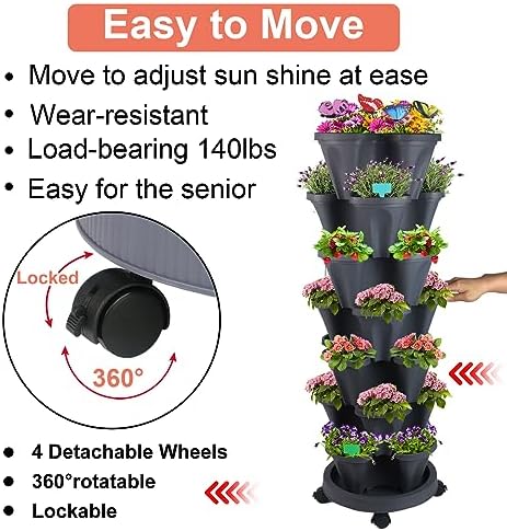 GameXcel Vertical Planter Tower - 7 Tier Stackable Garden Planters with Wheels and Garden Tool Set Plant Pots for Strawberry Herb Flower and Vegetable Indoor Outdoor Use Dark Gray