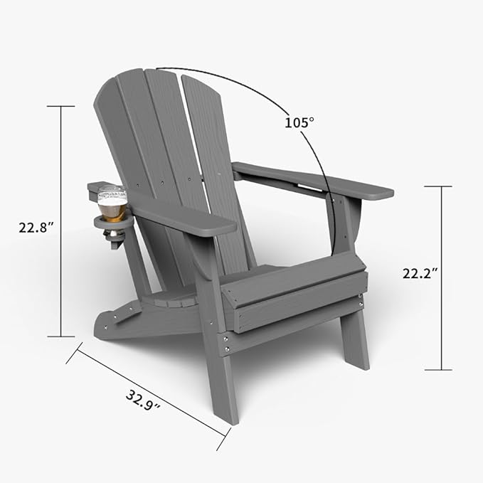 Folding Adirondack Chair with Cup Holders, HDPE Plastic Outdoor Chairs, Weather Resistant, Real Wood Look for Patio, Deck, Fire Pit, Backyard, Gray