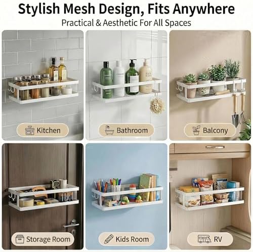 PUSDON 2-Pack Minimalist Shower Caddy Wall Mount, Open Frame Bathroom Shelf Organizer with Mesh Base, Rustproof Floating Spice Rack for Kitchen, Holds 50 LBS, 4 Hooks - White, Guardrail