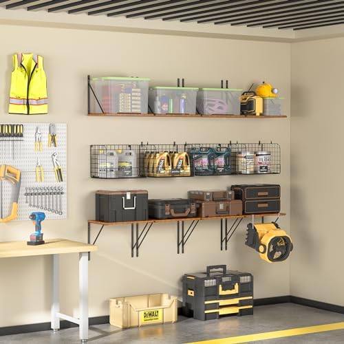 ThreeHio 2 Pack Garage Shelves Wall Mounted with Wire Storage baskets, Heavy Duty Garage Wall Shelving with Hooks, Wooden floating shelves Tool Organizer for Home Garden Garage Organizers and Storage