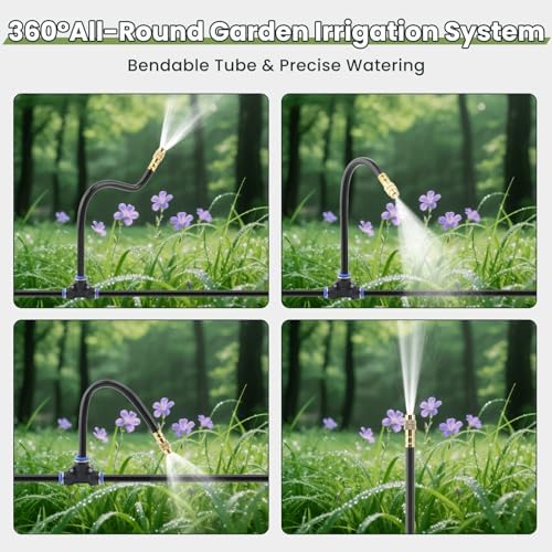 200Ft Drip Irrigation System,1/4" 360°Bendable Fast-Lock Tubing with40pcs Adjustable Misting Copper Nozzles, Automatic Leak-Resistant Watering Spray Kit for Garden,Compatible with 3/4" & 1/2" Hose