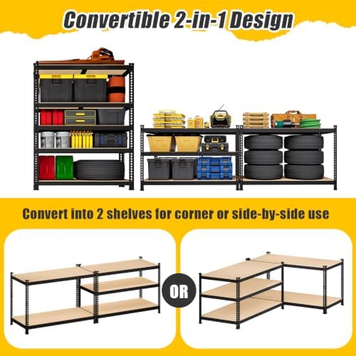 5-Tier Metal Storage Shelves: Heavy Duty Garage Shelving Adjustable Shelves for Storage - Black Utility Rack Shelf for Pantry, Warehouse, Office, Kitchen, 28" W x 12" D x 59" H, 4PCS