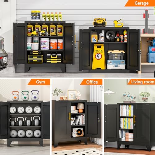 Small Metal Storage Cabinet, Lockable Tool Cabinet with Doors and 2 Shelves