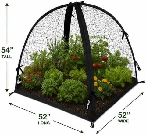 NuVue Products 32109 Pop-Up Garden Netting Pest Guard Cover with Ground Spikes, Mesh Plant Cover Tent for Pest and Animal Control, Black, 52" x 52" x 54"