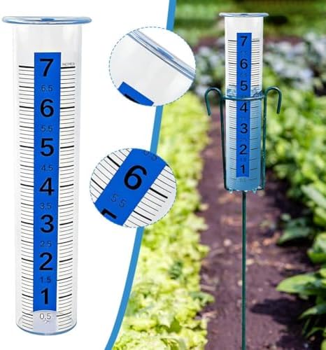 Rain Gauge Outdoor, Accurate Rain Measure Gauge with Luminous Blue Water for Night Reading, 7" Capacity Large Number Meter for Yard, Durable Plastic Water Collector for Garden, Farm
