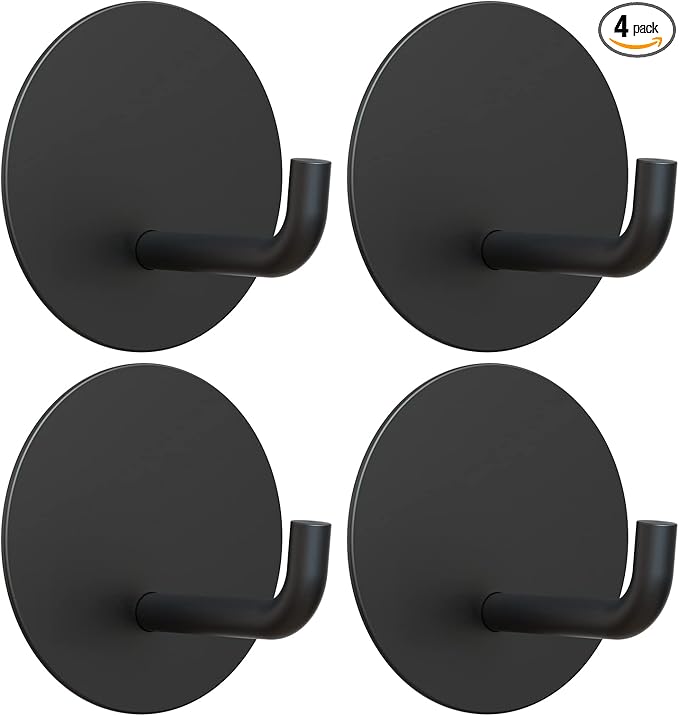 VIS'V Adhesive Hooks, Small Metal Shower Wall Stick on Hooks, Waterproof, 2 Extra Adhesive Strips, Round, Black, 4 Pcs
