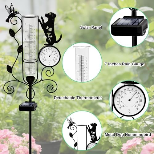 YJFWAL Metal Dog Solar Rain Gauge Outdoor with LED Light and Thermometer