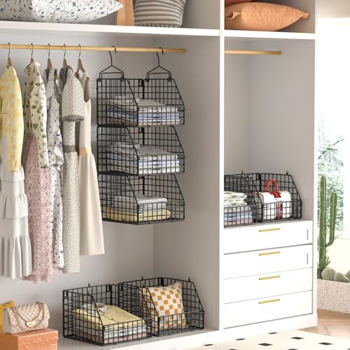 PUPPYCUTE Larger & Deeper Hanging Storage Basket, Closet Organizers and Storage, Hanging Shelves Wire Baskets for Clothing Sweaters Purse Handbags Shoes Black 3 Tier