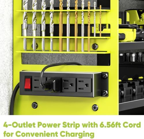 POKIPO Upgrade Power Tool Organizer Wall Mount with Charging Station,4 Layer Heavy Duty Metal Storage Rack Loads 600lbs with 8 Cordless Drill Holder,4 Outlet Power Strip Battery Utility Rack for Man