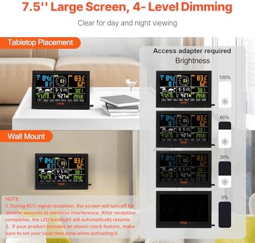VEVOR 7-in-1 Wireless Weather Station, 7.5 in Color Display, Digital Weather Station Indoor Outdoor, for Temperature Humidity Wind Speed/Direction Rain UV, with Forecast Data, Alarm, Alerts-NO WiFi