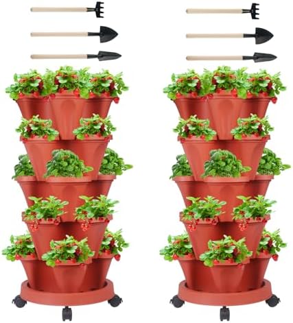 DUNCHATY 5 Tier Plant Pot, Vertical Garden Planter, Strawberry Planter, Indoor/Outdoor Planters, 2 Set, Brick Red, 29 x 13.6 x 13.6 inches