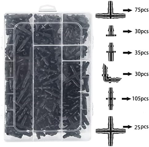 Unoutur 300 Pcs Barbed Connectors Drip Irrigation Fittings Kit, 1/4" Drip Irrigation Kit for Garden Flower Pot Greenhouse Lawn (Straight Barbs,Single Barbs,Tees,Elbows,End Plug,4-Way Coupling)