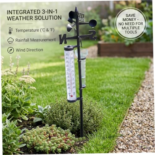 3 in 1 Outdoor Weather Station Garden Thermometer Rain Wind Indicator with Fahrenheit Celsius Display Stake for Yard Courtyard.