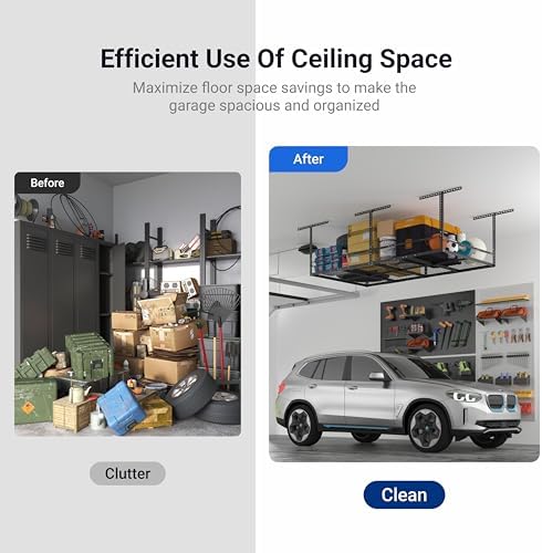 FLEXIMOUNTS 4x8 Overhead Garage Storage Rack with Safety Rails, Hammertone