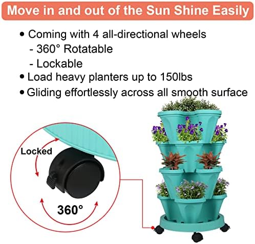 GameXcel Vertical Planter Tower - 4 Tier Stackable Garden Planters with Wheels and Tools Plant Pots for Strawberry Herb Flower and Vegetable Indoor Outdoor Use Teal