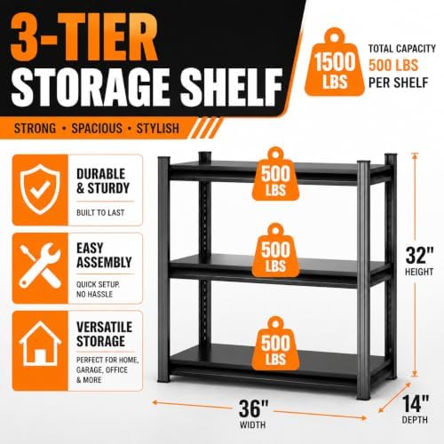 Metal Garage Shelving Unit, Heavy Duty Adjustable Storage Shelves, Steel Shelving, 1500 LBS Capacity Shelves for Heavy Tools and Equipment, 3 Tier, 36" Wx 14" Dx 32" H