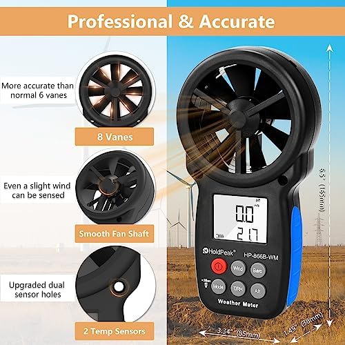 HoldPeak Handheld Anemometer Barometer, Weather Meter for Wind Speed, Temperature, Humidity, Dew Point, Altitude, Barometric Pressure, Wind Chill Measuring, Digital Wind Guage 866B-WM
