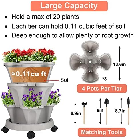 GameXcel Vertical Planter Tower - 3 Tier Stackable Garden Planters with Wheels and Tools Plant Pots for Strawberry Herb Flower and Vegetable Indoor Outdoor Use Gray 2 Pack
