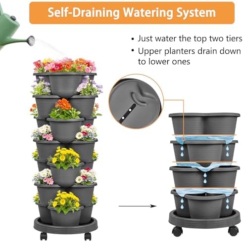 VECELO 7 Tier Vertical Garden Planter, Self Watering Stackable Planters with Wheels for Strawberries, Herbs, Flowers, Vegetables, Dark Gray