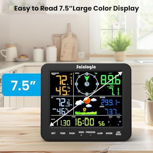 Sainlogic Wireless Home Weather Station with Rain Gauge and Wind Speed, Indoor Outdoor Temperature Humidity, Forecast, Moon Phase, Alarm Clock for Backyard Patio – No WiFi