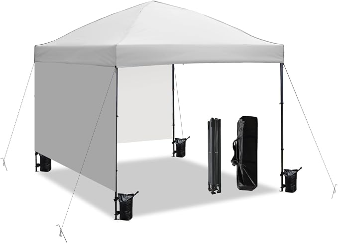10x10 Pop Up Canopy Tent with 2 Sidewalls, Easy Up Canopy Outdoor Party Sun Shade Tent Portable Gazebo for Beach Camping Events with Carry Bag and 4 Sand Bags