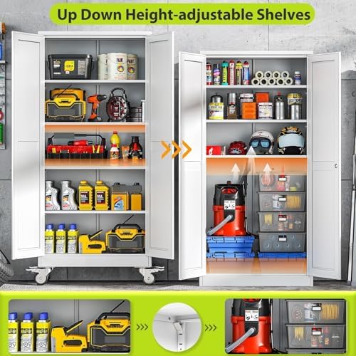 71-Inch Metal Garage Storage Cabinet with Wheels, Locking Doors and Shelves