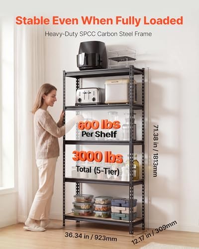VEVOR Storage Shelves, 5-Tier Adjustable, 3000 lbs Capacity, Heavy Duty Garage Storage Shelving Unit, Metal Utility Rack Shelf, for Kitchen Pantry Basement Bathroom, 36.34" W x 12.17" D x 71.38" H